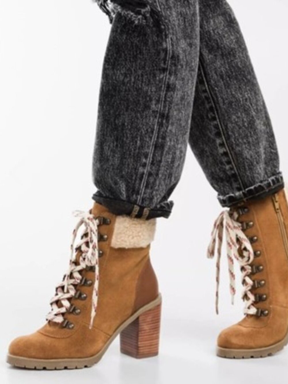 Crevo Joan Lace Up Boots Suede Leather Faux Fur Heel Booties Tan Size 9 NEW